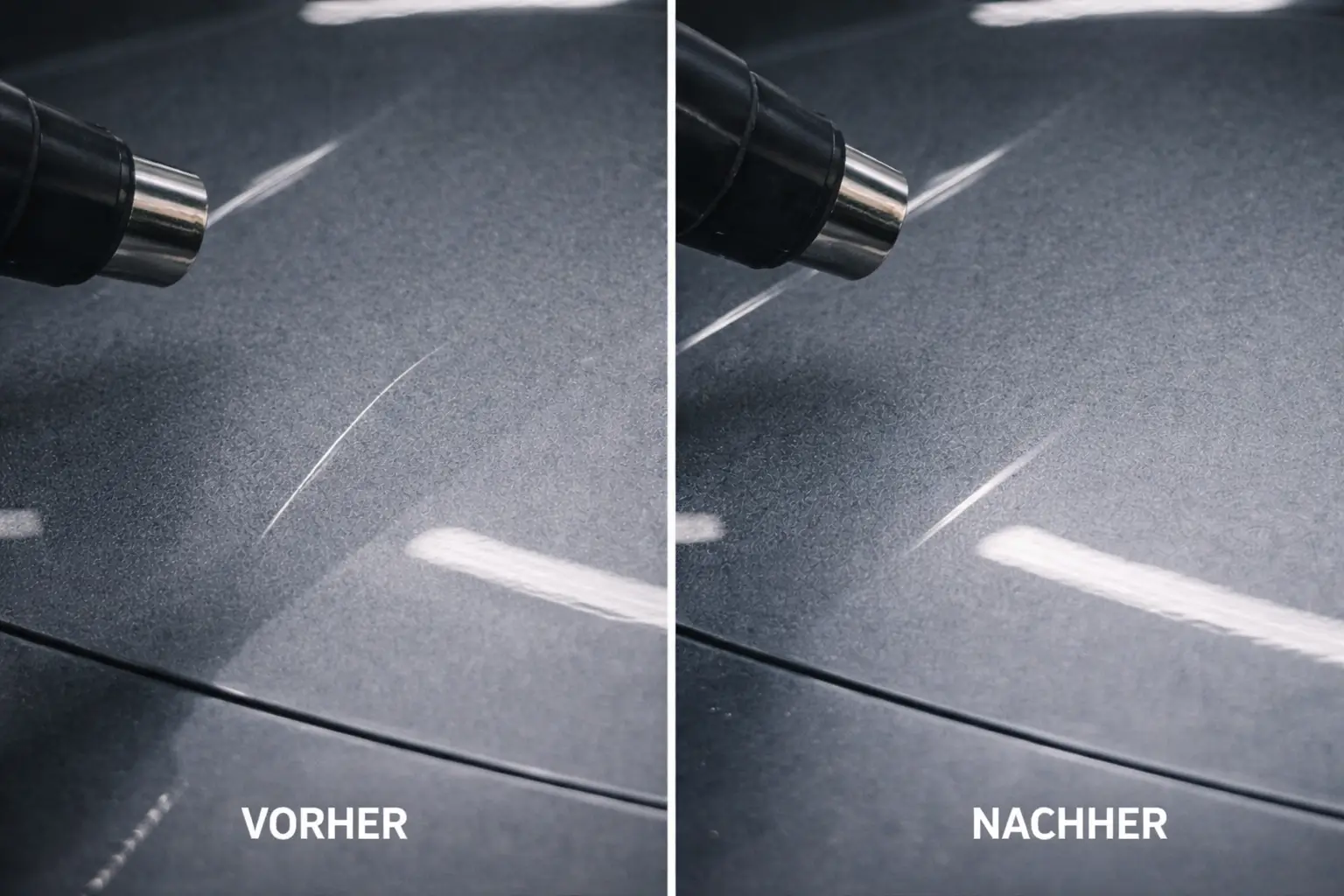 Vorher-Nachher-Detail: selbstheilende Oberfläche der XPEL Lackschutzfolie unter Wärme